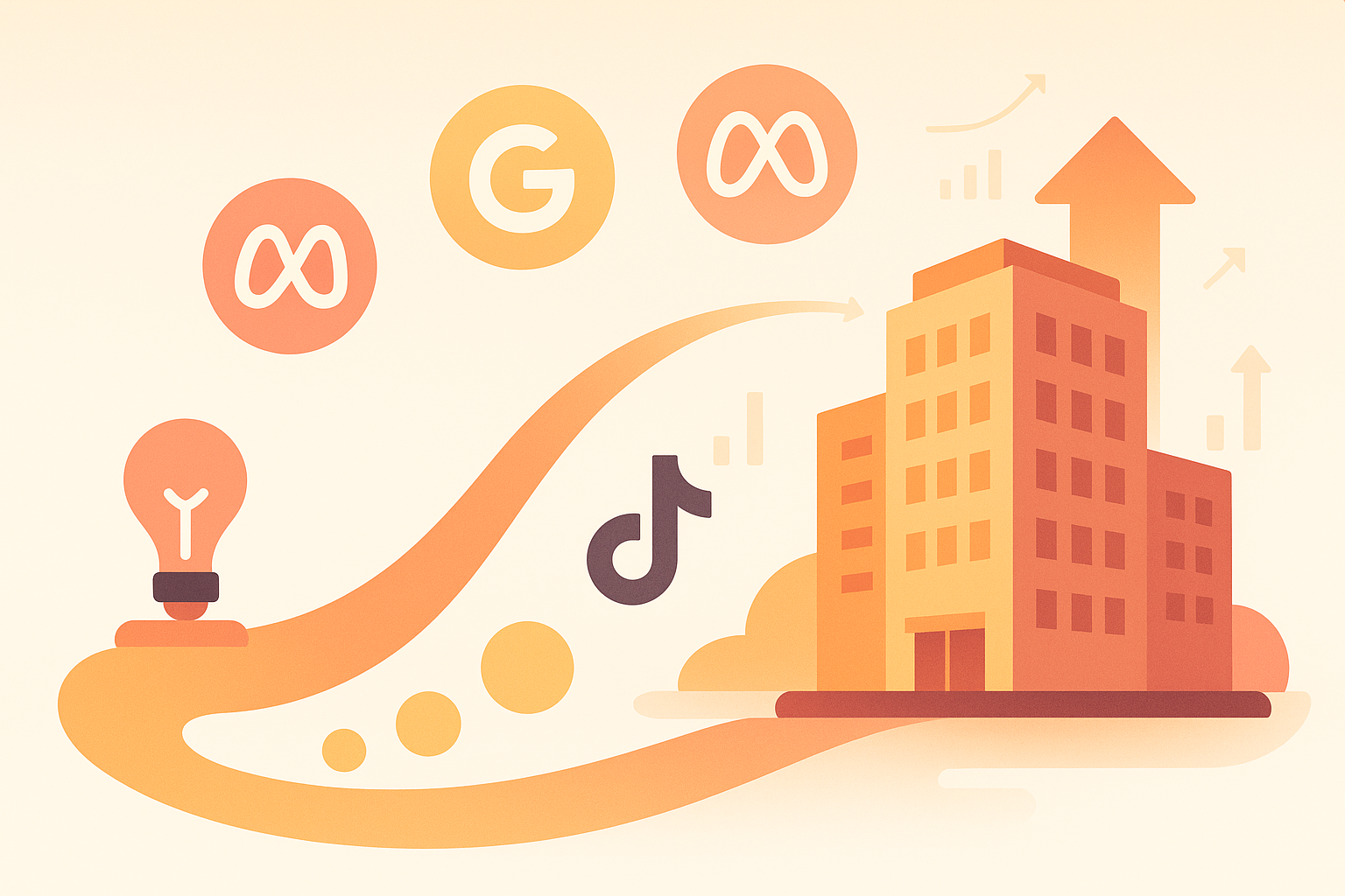 A creative illustration of a journey map with a small startup icon evolving into a large business with floating ad platforms like Google, Meta, and TikTok. Clean, modern vector style with warm colors, symbolizing growth and transformation