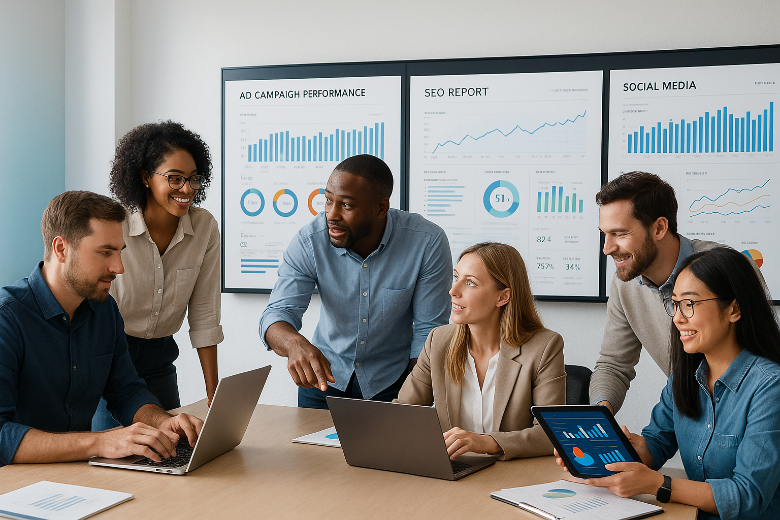 A diverse team of marketing professionals collaborating on laptops, tablets, and screens showing ad campaign analytics, SEO reports, and social media content, in a modern office setting with clean white and gradient elements, representing teamwork and expertise