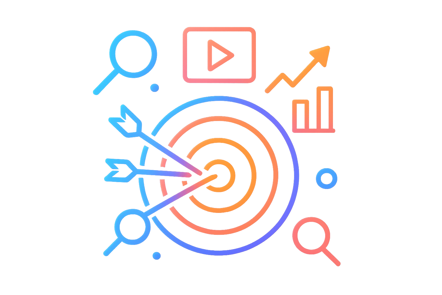 A glowing target icon with arrows hitting the center, surrounded by digital marketing elements like search icons, video icons, and graphs. Gradient color palette of blue, orange, and pink on a transparent background, symbolizing precision and mission-driven growth