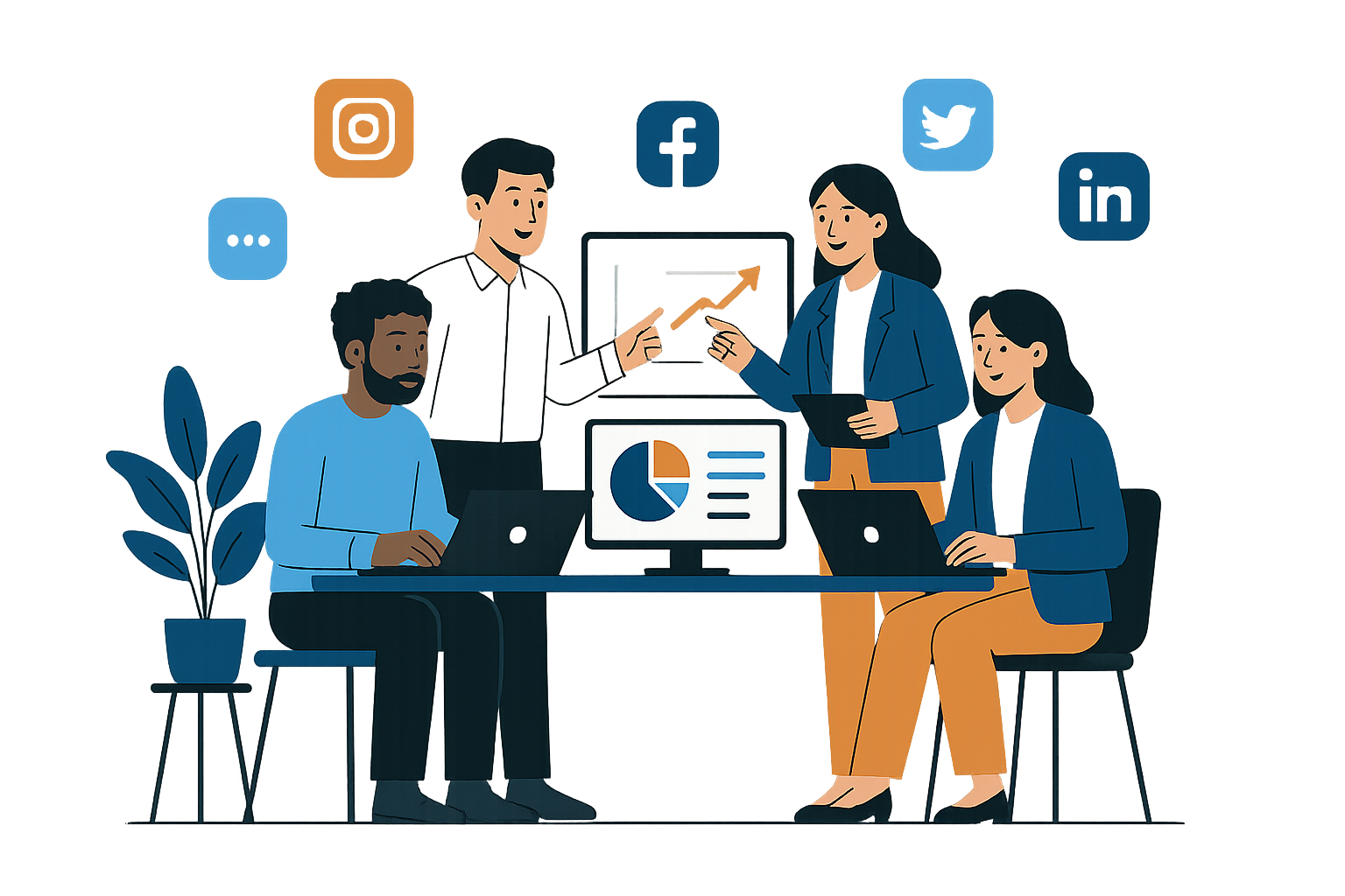 A modern flat illustration of a diverse marketing team collaborating in a creative office space, surrounded by laptops, analytics dashboards, and social media icons. The scene represents digital marketing strategy, teamwork, and innovation. Clean, professional style with a color palette of white, black, blue, and orange to match marketing.cool branding. Transparent background, high quality, and minimal clutter.